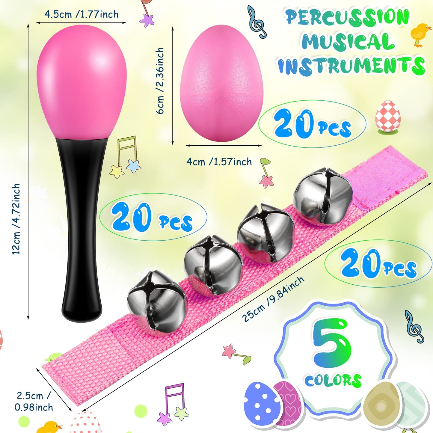 60 Pcs Shaker Musical Instruments Kids Party Favor Baby Learning Percussion Toy, Including 20 Wrist Hand Band Jingle Bells, 20 Egg Shakers and 20 Maracas Rattle Shaker Sand Hammers