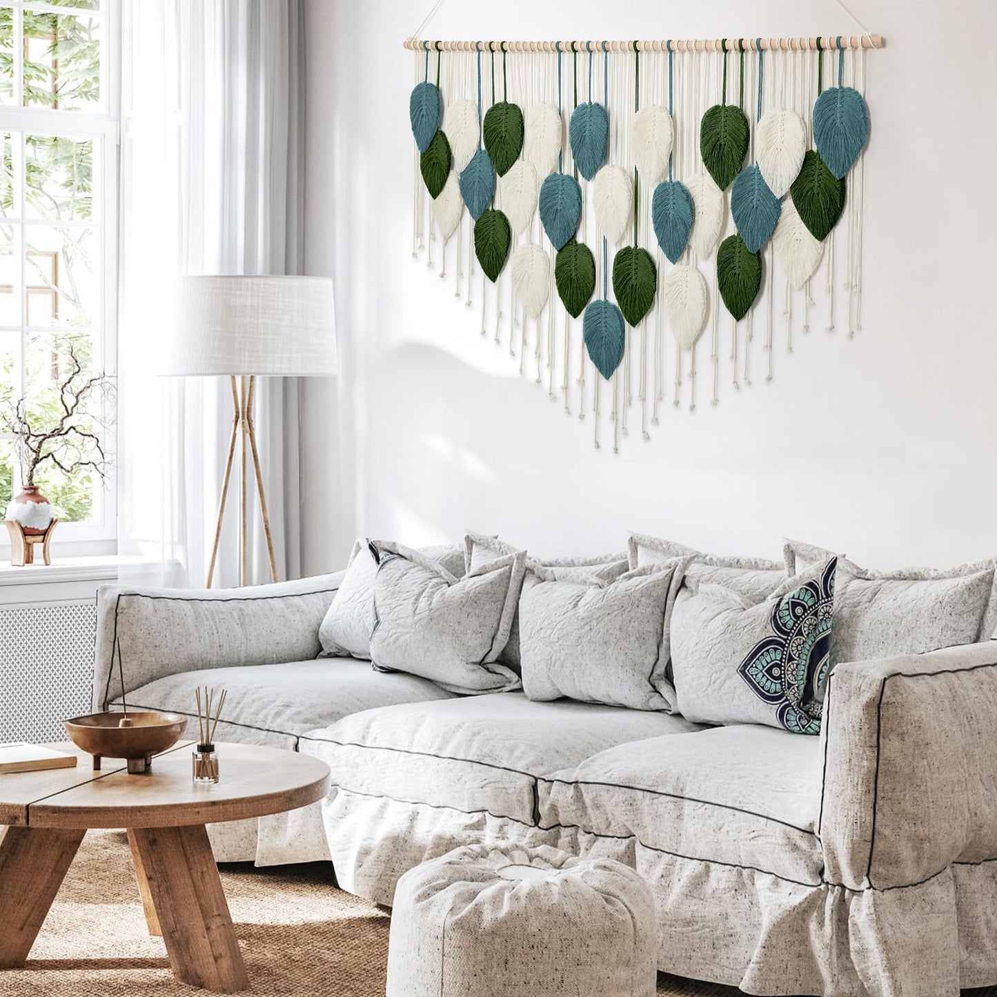 KHOYIME Macrame Wall Hanging Large Boho Home Decor, Bohemian Leaves Tapestry Modern Handmade Yarn Woven Feather Leaf Chic Wall Art Decorations for Bedroom Living Room Nursery Backdrop 51.5"W X 33.5"L