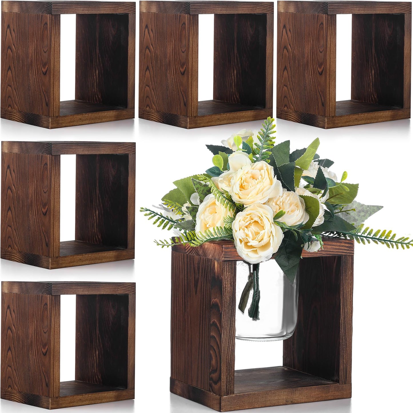 GlikCeil 6 Pack Wooden Boxes for Centerpieces Wood Cube Planter Box Rustic Wood Square Vase Holder for Centerpieces Home Wedding Garden Decor