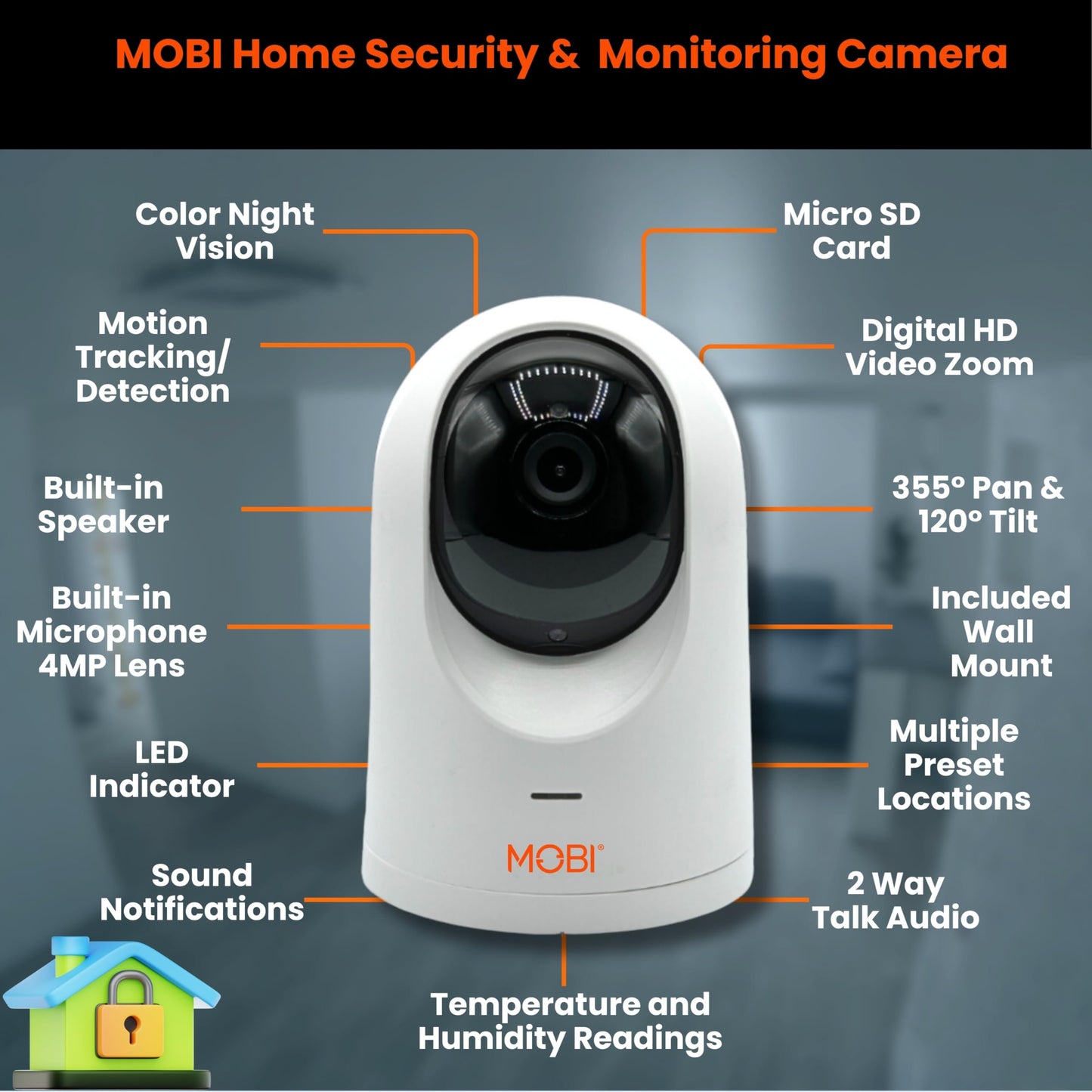 MobiCam PRO Home Monitoring Camera Single: Full HD, Pan & Tilt, Color Night Vision, Motion Tracking, Temp & Humidity Readings. Supports Cloud & SD Storage, Smart App Compatible