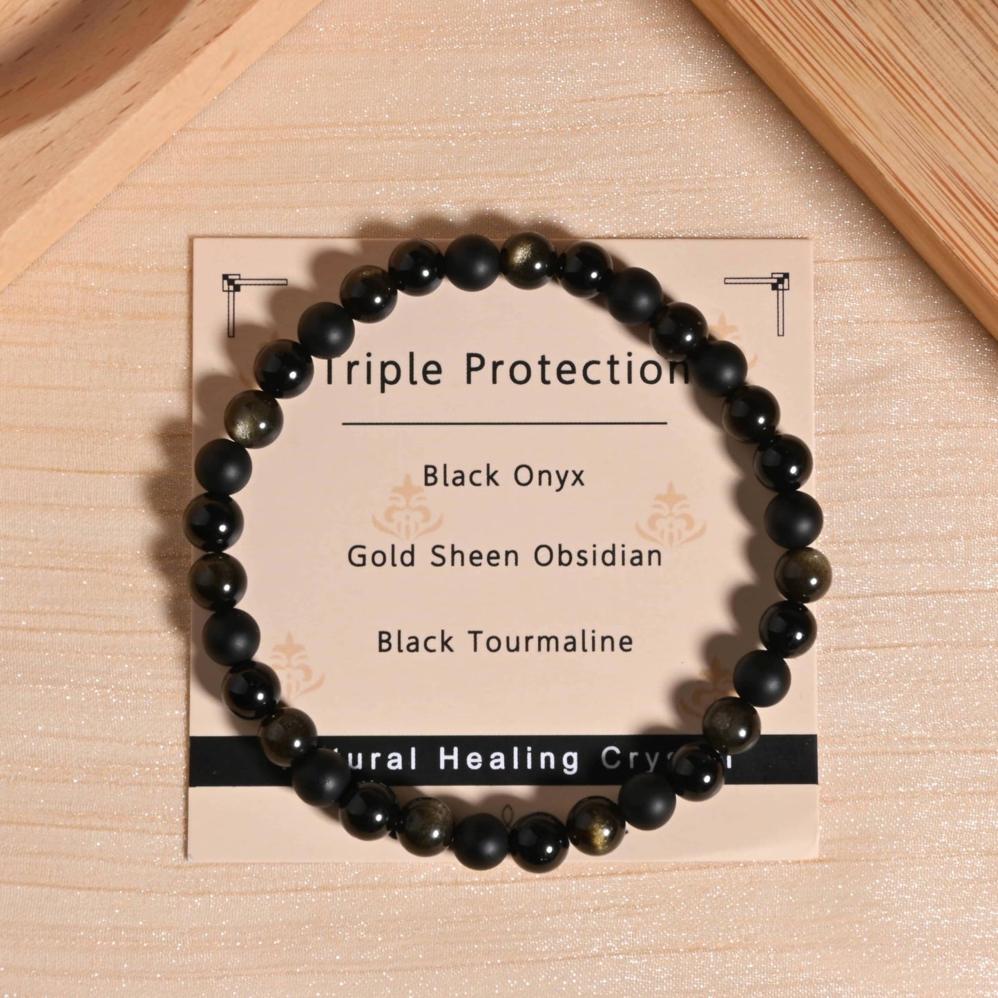 Gracayfr Black Tourmaline Obsidian Bracelet Triple Empath Protection Onyx Healing Crystals Spiritual Natural Stone Gemstone Stretch Gold Sheen