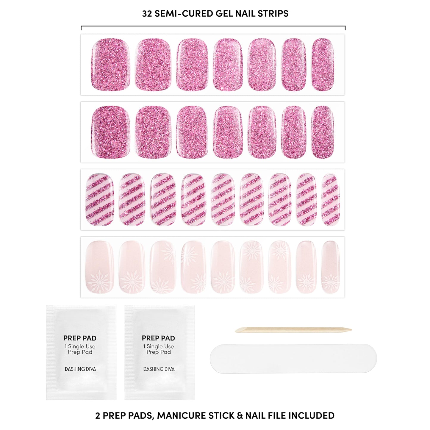 Dashing Diva Glaze Nail Strip Set - Rose Holiday - Long Lasting, Chip Resistant, Semi-Cured Gel Nail Strips - Gel Set - 4-Piece Manicure Kit with 32 Strips