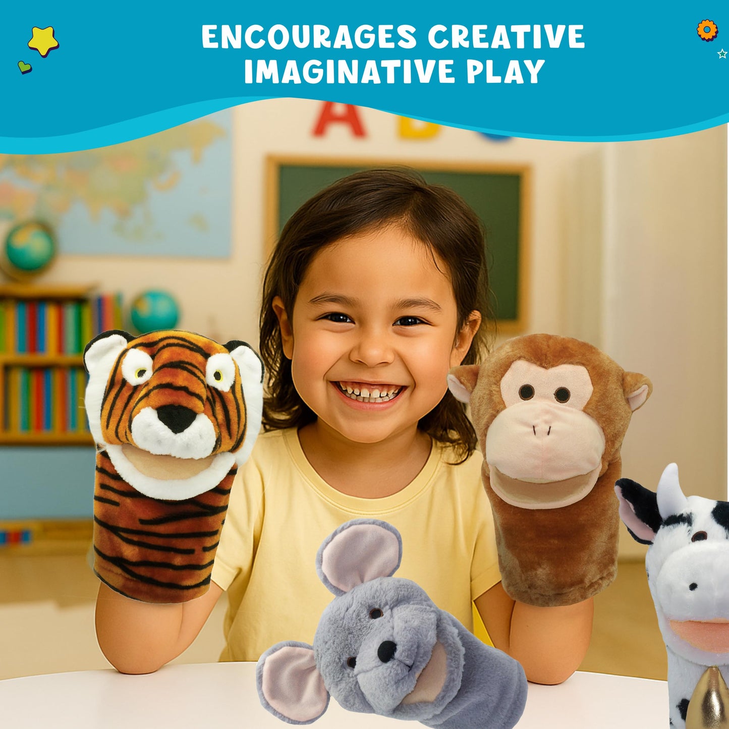 Get Ready Kids BigMouth Animal Hand Puppets – Set of 10 Plush Toy for Toddlers 1-3 & Kids Ages 4-8 | Includes Monkey, Tiger, Pig, Lion, Cow & More | Soft Animal Puppets for Learning & Fun