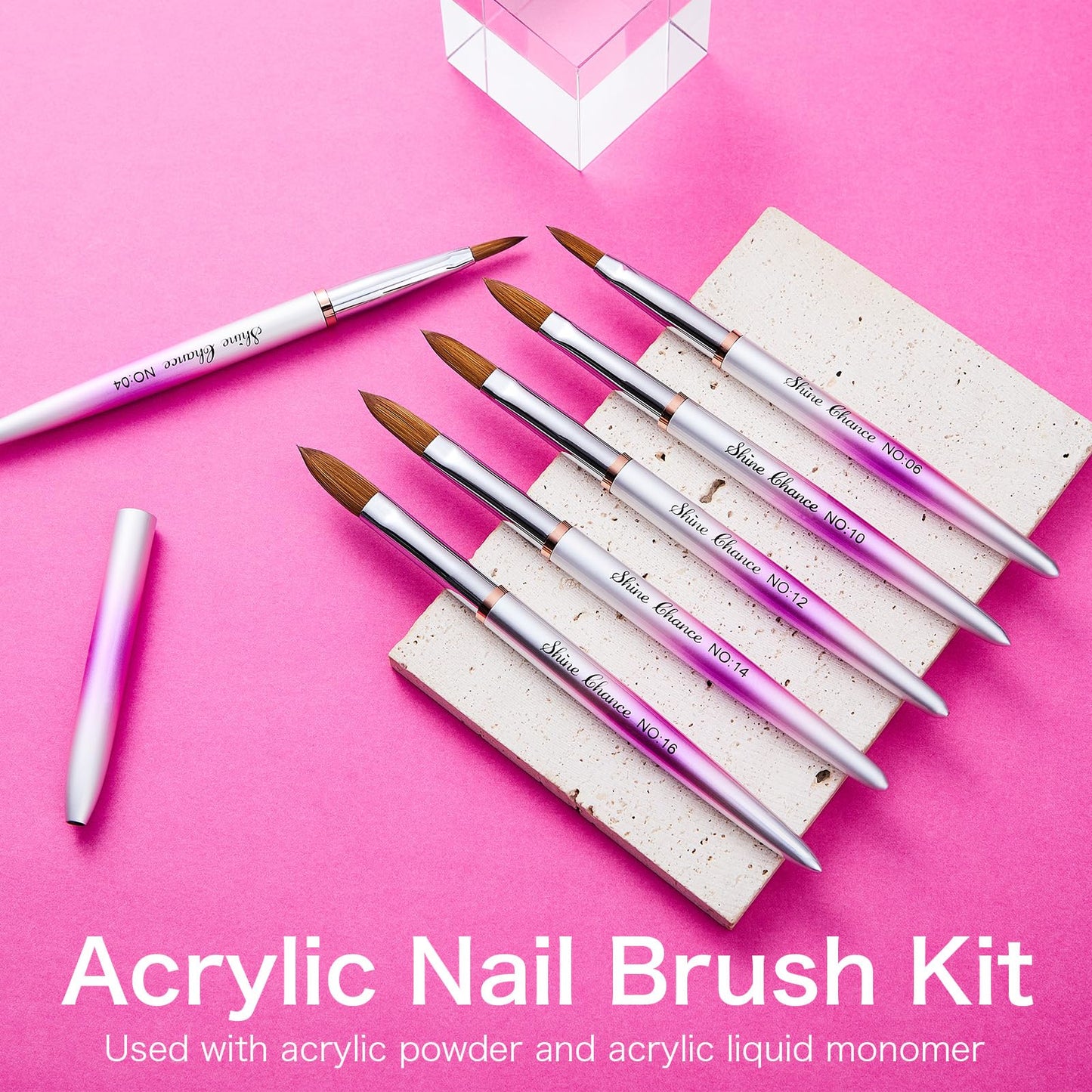 Shine Chance 4Pcs Acrylic Nail Brushes Set, Kolinsky Nail Art Brush, Art Design & Polish Mistake Cleaning Manicure Tools for Women Acrylic Application (Size 6 8 12 14)
