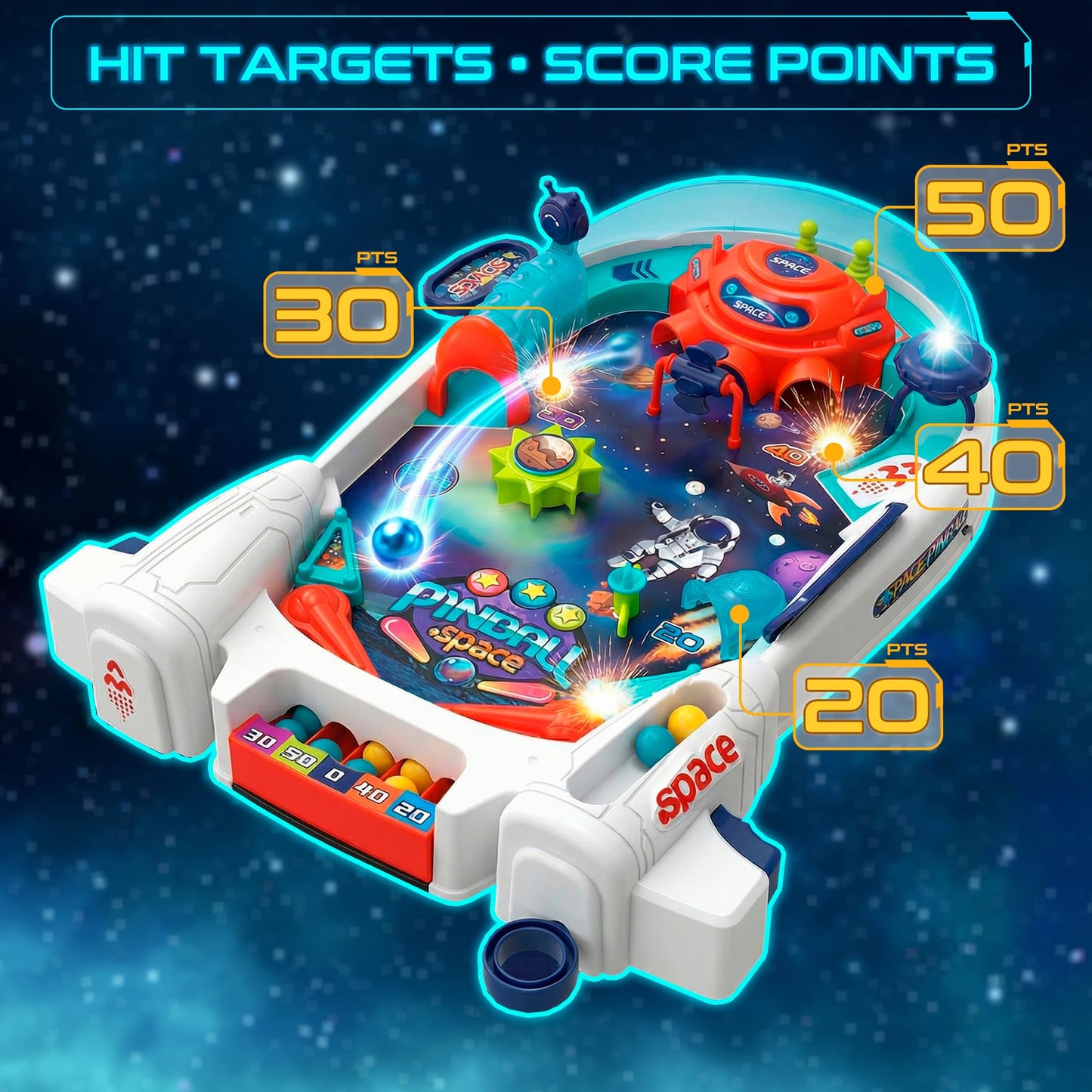 OLEOCA Space Pinball Machine — Tabletop Arcade Game with Obstacles, Pull-Rod Launcher, Flippers, UFO Targets & Astronaut Theme, 1-2 Player Mini Pinball for Kids