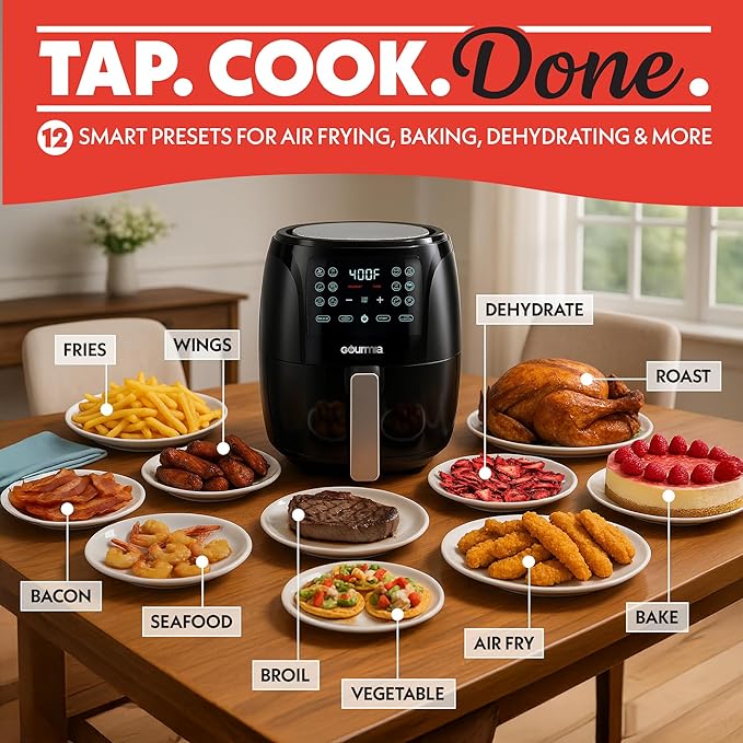 Gourmia Air Fryer - 6 Qt Large Capacity, FryForce 360º, Digital Display with 12 Presets, Roast, Bake, Broil, Dehydrate, Dishwasher Safe Accessories, Black