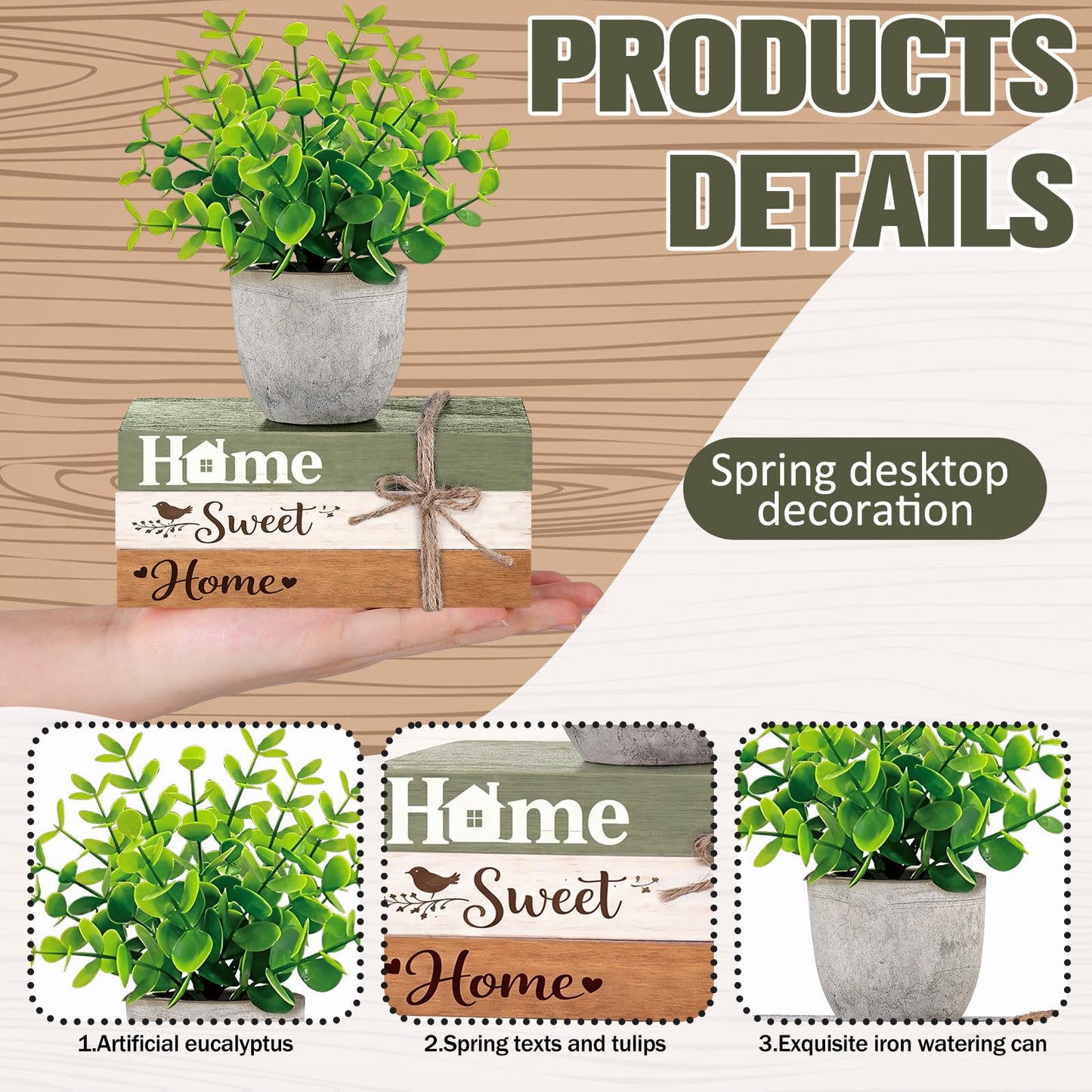 Wesiti 4 Pcs Spring Table Centerpieces with Fake Eucalyptus Pot Plant Home Sweet Home Decoration Farmhouse Tiered Tray Tabletop Decor Wooden Stack Book Block Sign for Desk Shelf Housewarming Gift