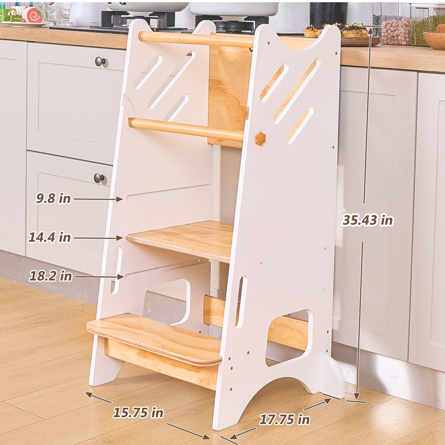 Toddler Standing Tower with Safty Rail & Non-Slip Pads, 3 Height Adjustable Toddler Tower with Chalkboard, Great for Kitchen Activities, Hand Washing & Creative Play, White