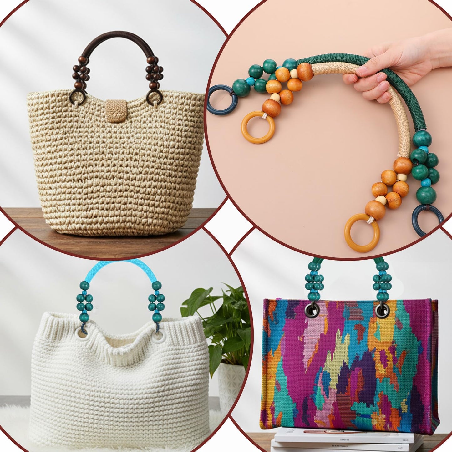 12 PCS Wooden Beaded Purse Handles, 6 Colors Rustic Nylon Rope Bag Straps with Beads, 18 Inch U-Shape Replacement Handles for DIY Crochet Tote, Beach Bags, Macrame Bag Making Supplies