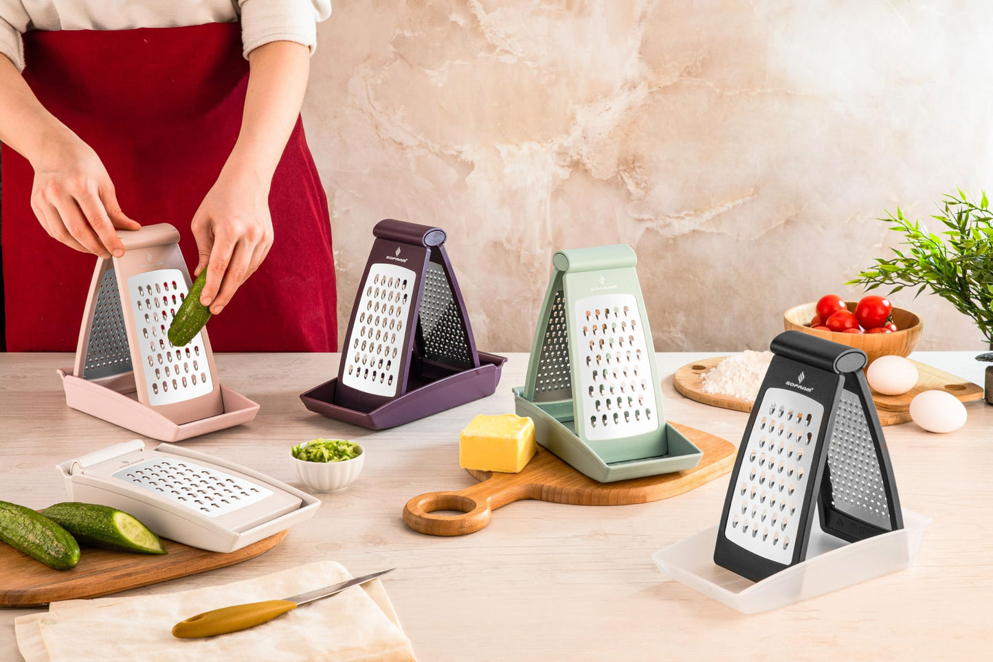 Sofram Smart Grater, Graters for Kitchen, Garlic Mincer Tool and Vegetable Peeler (White)