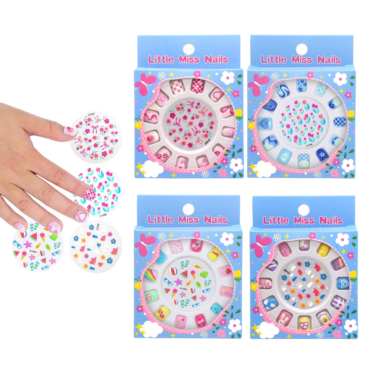 Press on Nails for Kids 3-6,With Cute DIY Stickers,4 Pack 48Pcs Little Girls Sparkling Princess Nails,Cute Pattern Flower Series