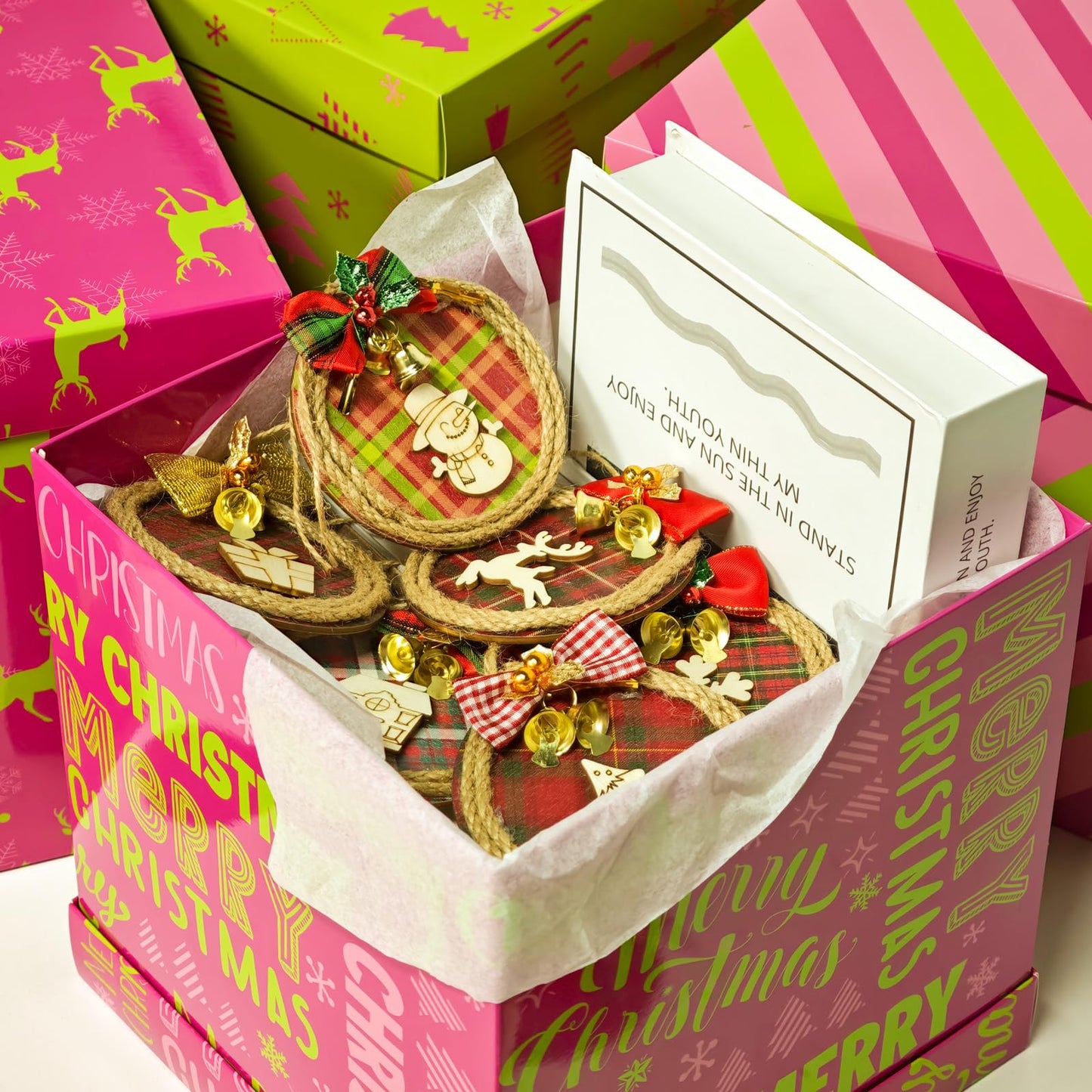 Cinrobiye 4 Pcs Christmas Gift Boxes with Lid,Ribbon and Tissue Papers,9" Black and White Christmas Winter Square Cardboard Box for Gift Wrapping Holiday Present Birthday Assorted Design (Green Pink)