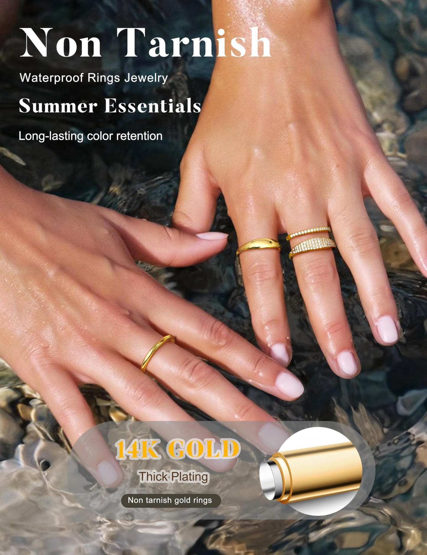 LOLIAS 14K Gold Plated Stackable Rings for Women Non Tarnish - Dainty Cubic Zirconia Wedding Bands Ring Set Minimalist Trendy Statement Engagement Promise Thumb Rings Stacking Size 5-10 Unique Size 10