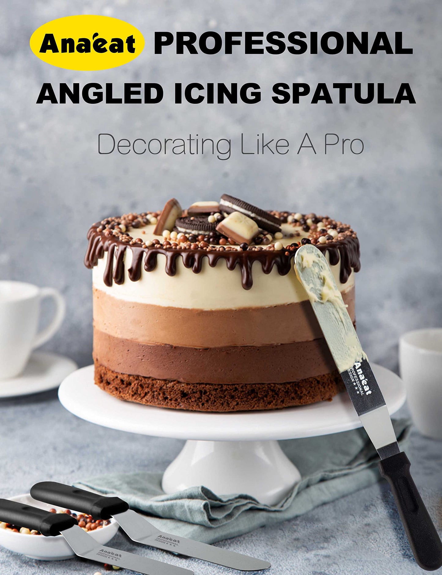 Anaeat Icing Spatula, 3 Pieces Professional Angled Offset Frosting Spatulas with 6", 8", 10" Stainless Steel Blades & 4 Pack Cake Smoother Scraper for Cake Decorating, Baking & Pastry (Set of 7)