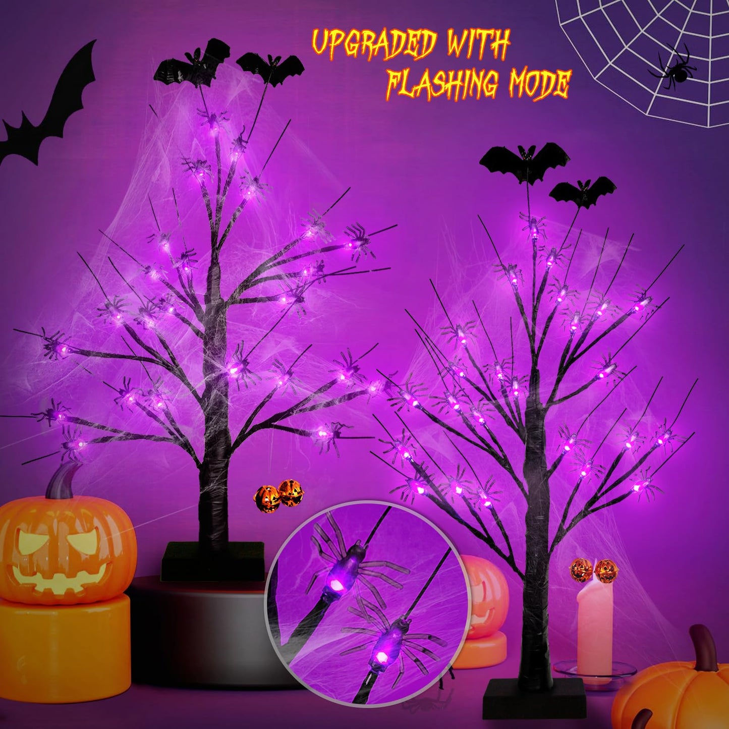 Halloween Decorations Indoor Spider Lights Tree, 2Ft Black Spooky Tree with Spider,Web,Bat and Pumpkin Bell Halloween Tree Decorations,Battery and USB Halloween Black Tree for Home Mantel Easter Decor