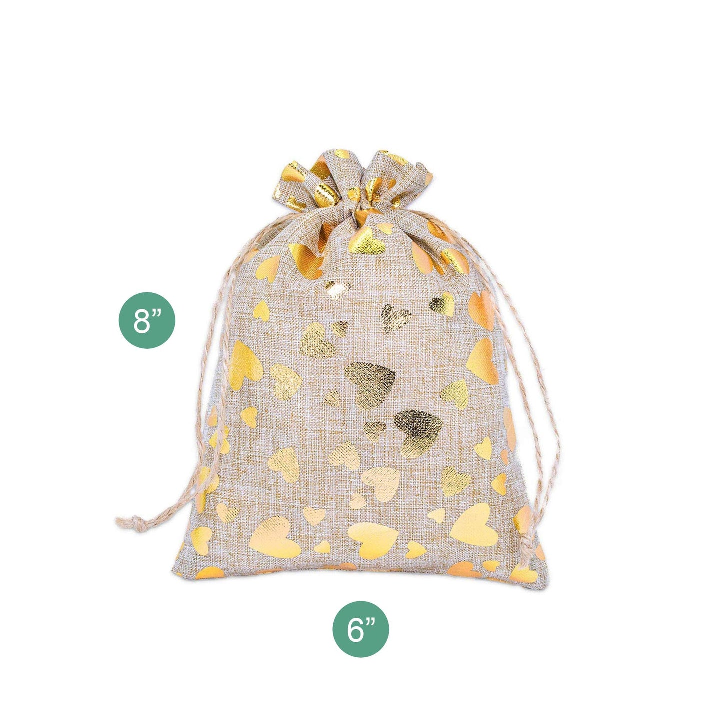 12-Pack 6x8 Reusable Jute Burlap Canvas Gift Bags w. Drawstrings (Golden Hearts, Medium) - for Presents, Party Favors, Retail, Samples by TheDisplayGuys