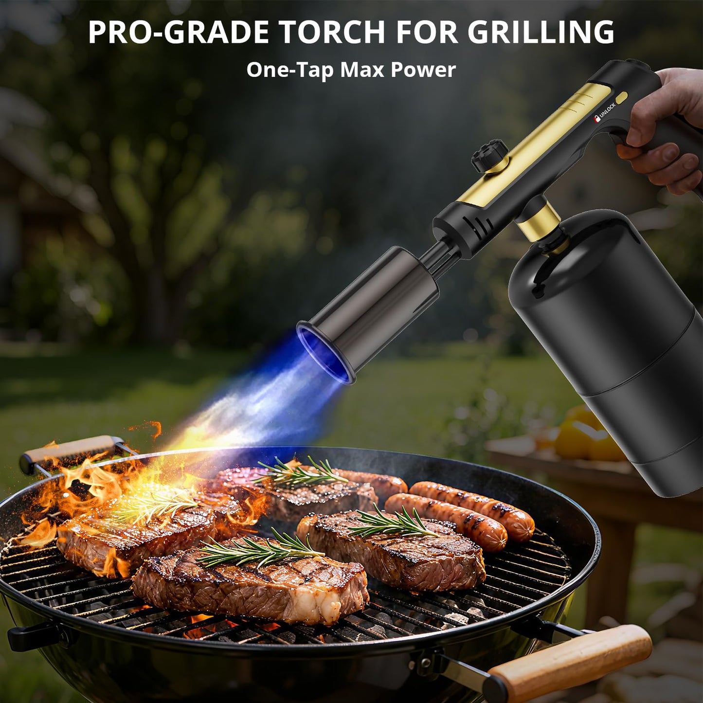KinetiFire Powerful Propane Torch Gun, Cooking Torch with One-Touch Max Fire, Adjustable Culinary Torch for Searing Steak, Sous Vide, BBQ and Campfire Starter, Gold & Black(Tank Not Included)