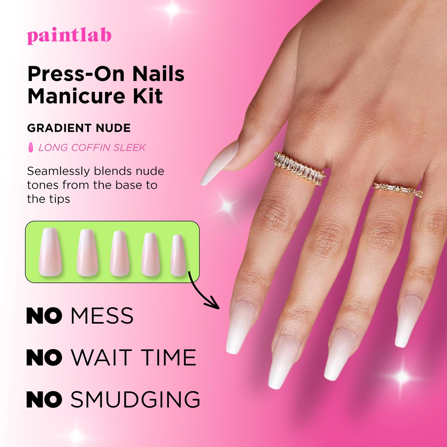 PaintLab Press On Nails - Gradient Nude Coffin Fake Nails, 30 Nails in 15 Sizes with Glue, Reusable Salon Quality Press On Nails