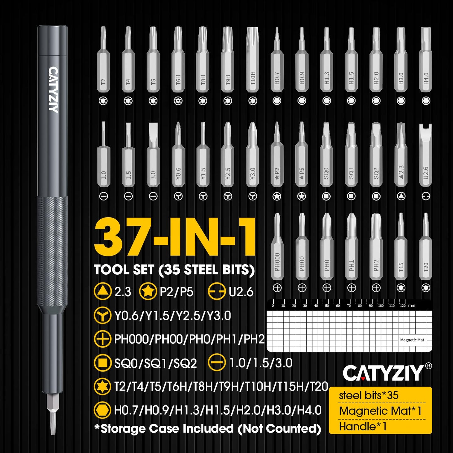CATYZIY Precision Screwdriver Set, Mini Repair Tool Kit with Magnetized Tip & Magnetic Mat for iPhone, MacBook, Laptop, PS5, Xbox, Switch, Glasses, Watch & Small Electronics (Classic, 37-IN-1)