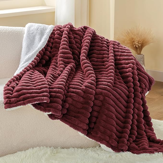 INFIIXSO Sherpa Throw Blanket for Couch - Super Soft & Warm Striped Fleece Blanket, Cozy Plush Fluffy Blanket All Season Use (Burgundy, 60x80 Inches)