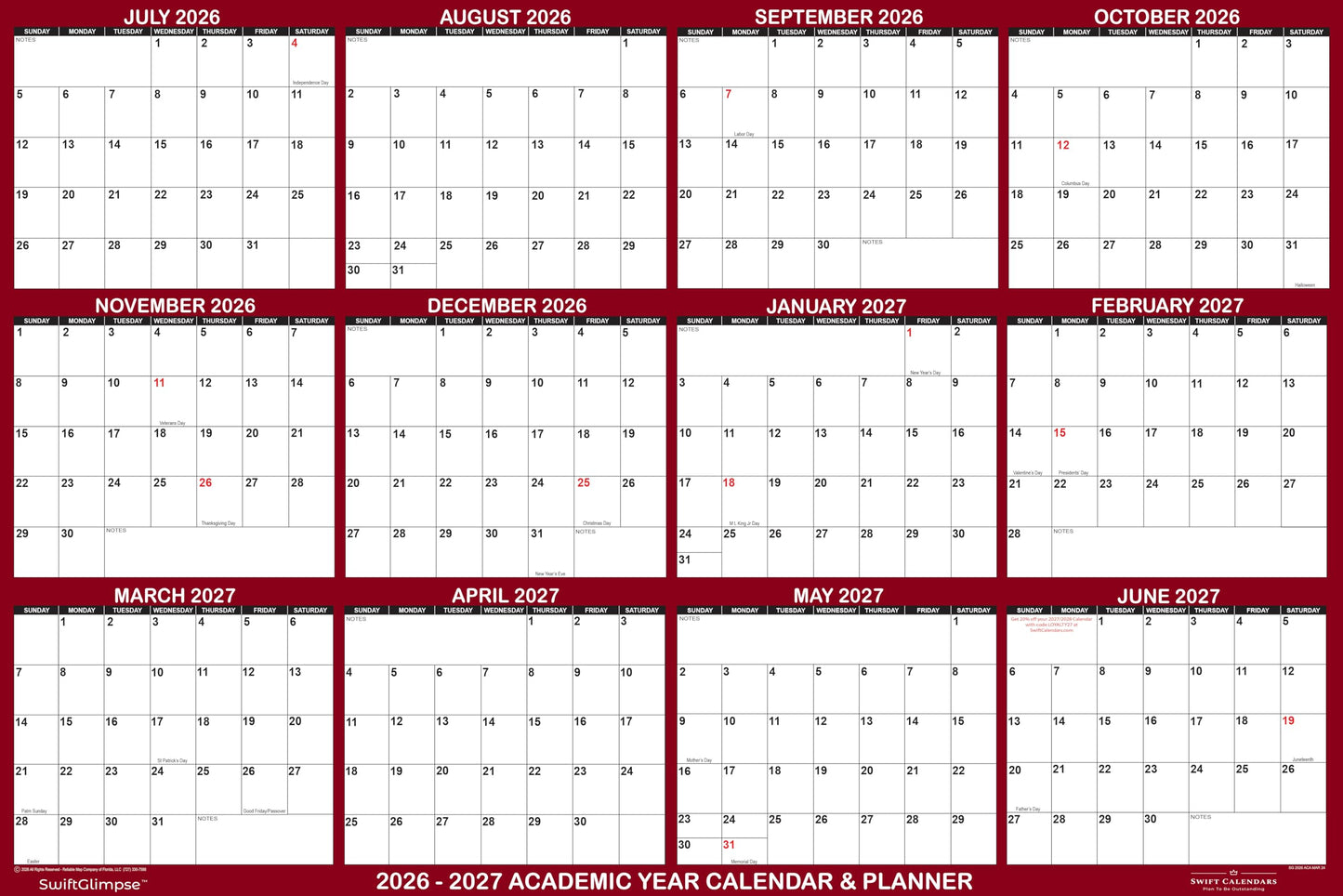 24" x 36" SwiftGlimpse 2026-2027 Academic Wall Calendar, Erasable, Large, Wet & Dry Erase Laminated, Reversible, Yearly Planner, JULY 2026 to JUNE 2027 ONLY, Maroon
