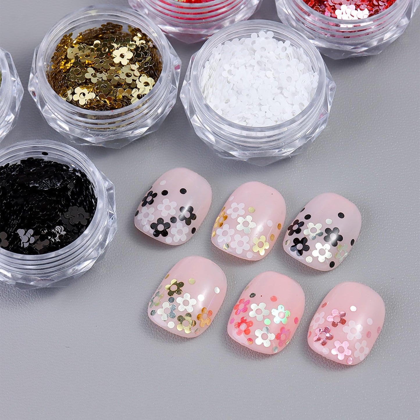 SUTOKAKA 6 Colors Five-Petal Flower Nail Glitter Sequins for Spring Summer Manicure Art 3D Holographic Laser Floral Flakes Shiny Nail Decals for Fingernail Face Body Design