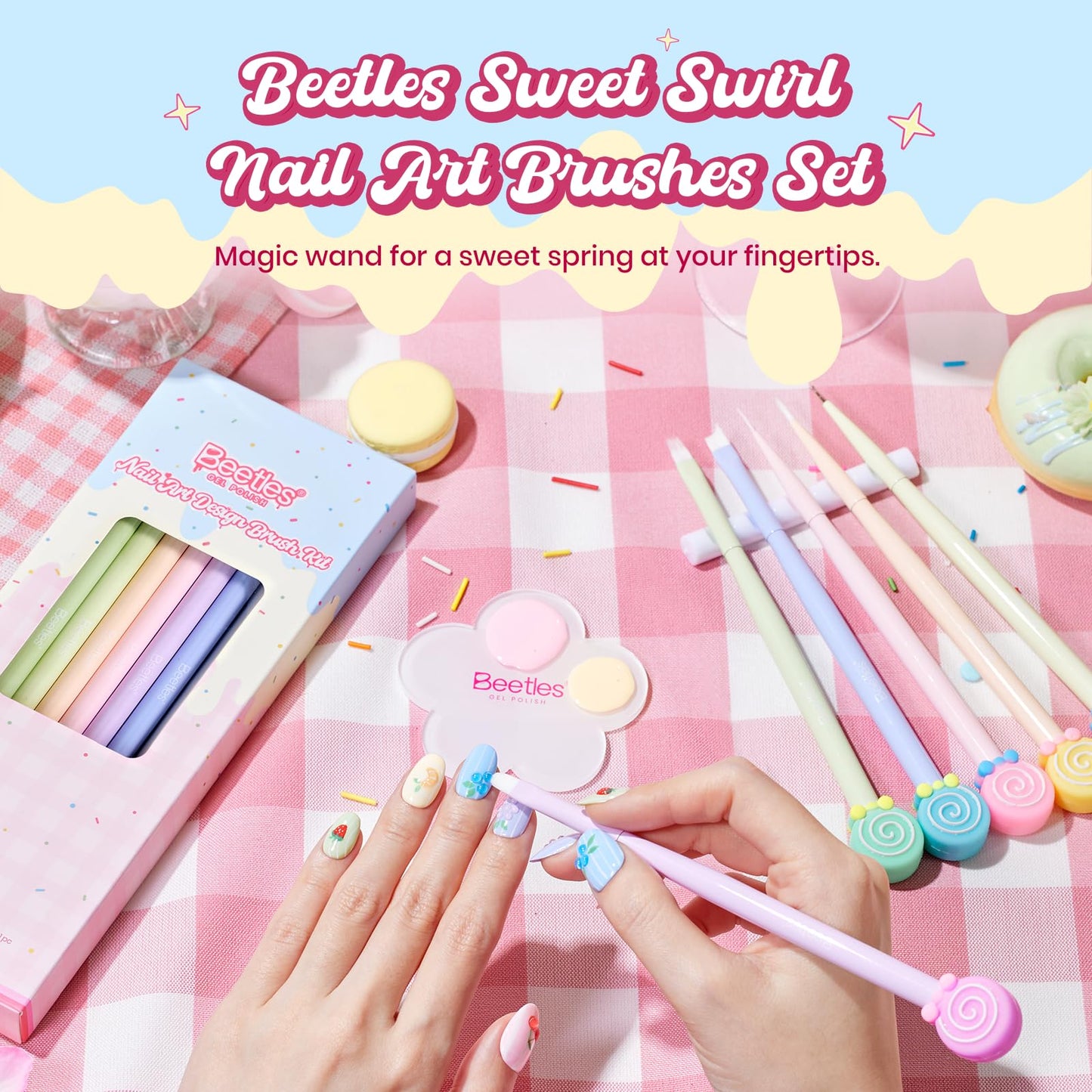 Beetles Spring Nail Art Brushes 6pcs – Sweet Swirl Nail Art Tools Liner Brushes for Nails Dotting Tool Gradient French Manicure Design Pen with Floral Palette, Brush Holder, DIY Gift for Women
