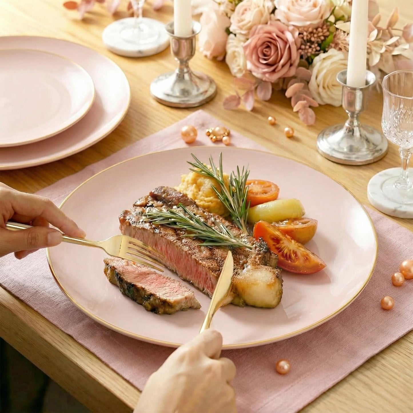 I00000 150 PCS Pink Plastic Plates for Party,Heavy Duty Pink Disposable Plates,Gold Dinnerware Set Include 30 Dinner Plates,30 Dessert Plates,30 Gold Plastic Silverware Set for Mother's Day
