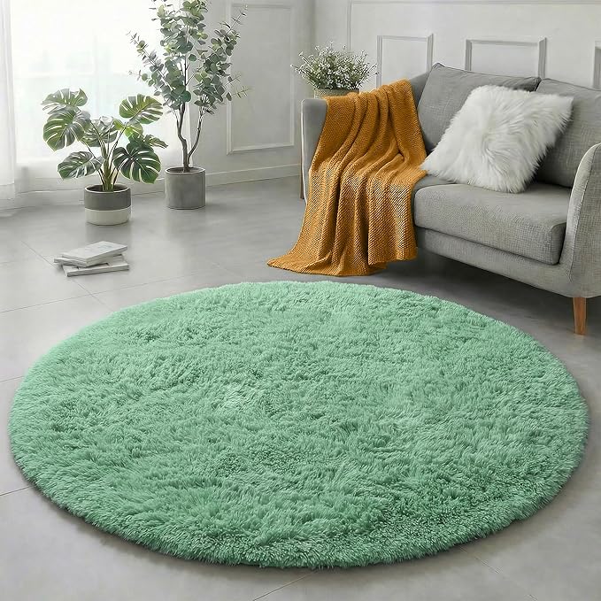 Amdrebio Sage Green Round Rug 4Ft for Bedroom Aesthetic, Fluffy Furry Circle Rugs for Nursery, Classroom, Teen Boys, Baby Kids Room Decor, Cute Shaggy Area Rug for Dorm, Fuzzy Plush Light Mint Carpet