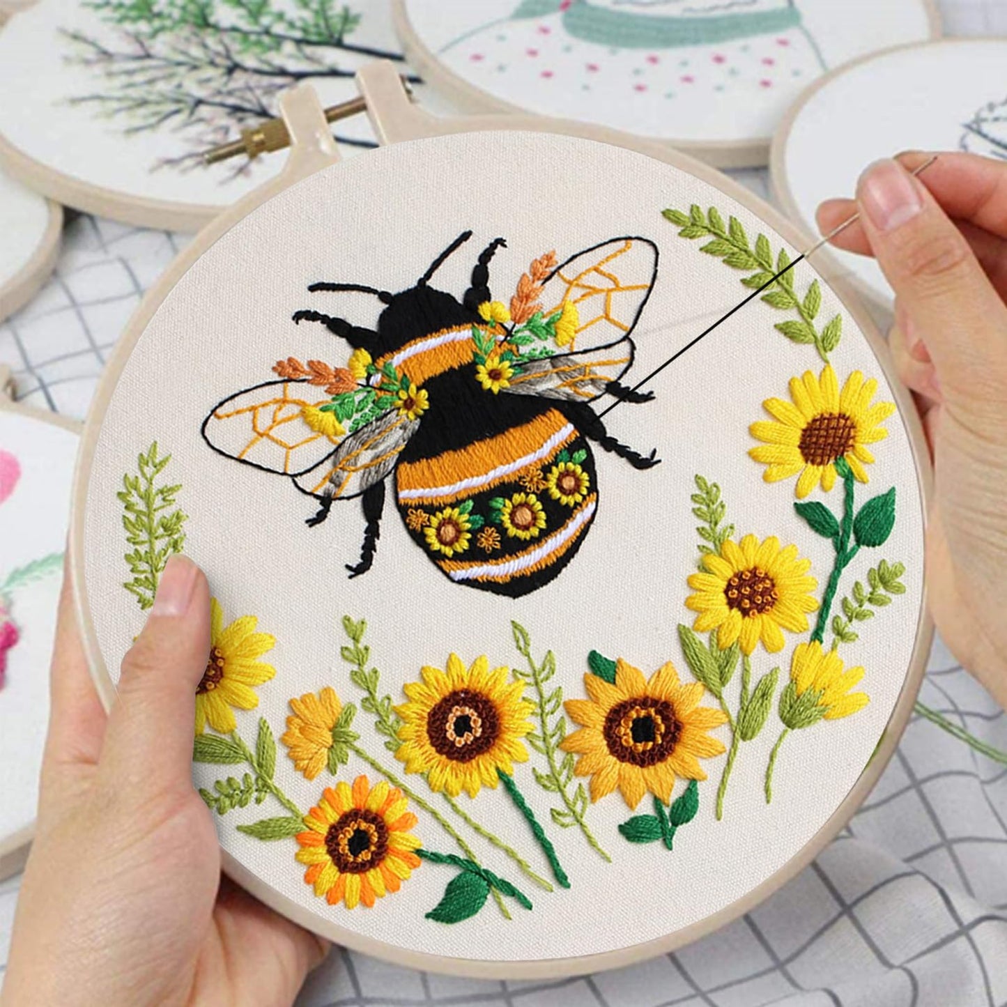 Nuberlic 3 Pack Embroidery Kit for Beginner Adults, Cross Stitch Set with Cute Bee Patterns, Includes Cloth, Hoops, Threads, Needles, Instructions