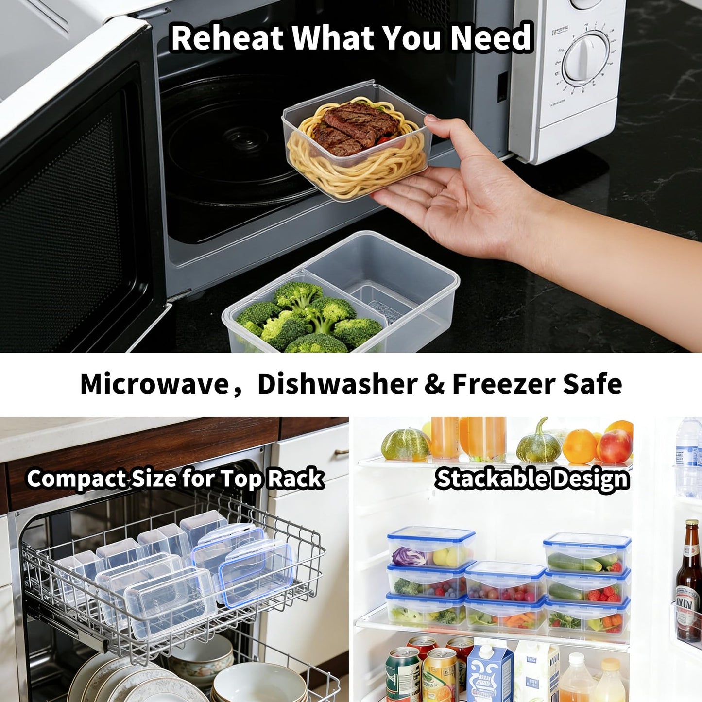 KIGI Meal Prep Containers for Adult Lunch & Snacks, Leak-Proof, BPA-free Plastic, Removable Divided Inserts, Airtight lids, 3 Compartment Food Storage, Microwave Safe, Bento Box, 4.7 Cup, 12 Piece Set