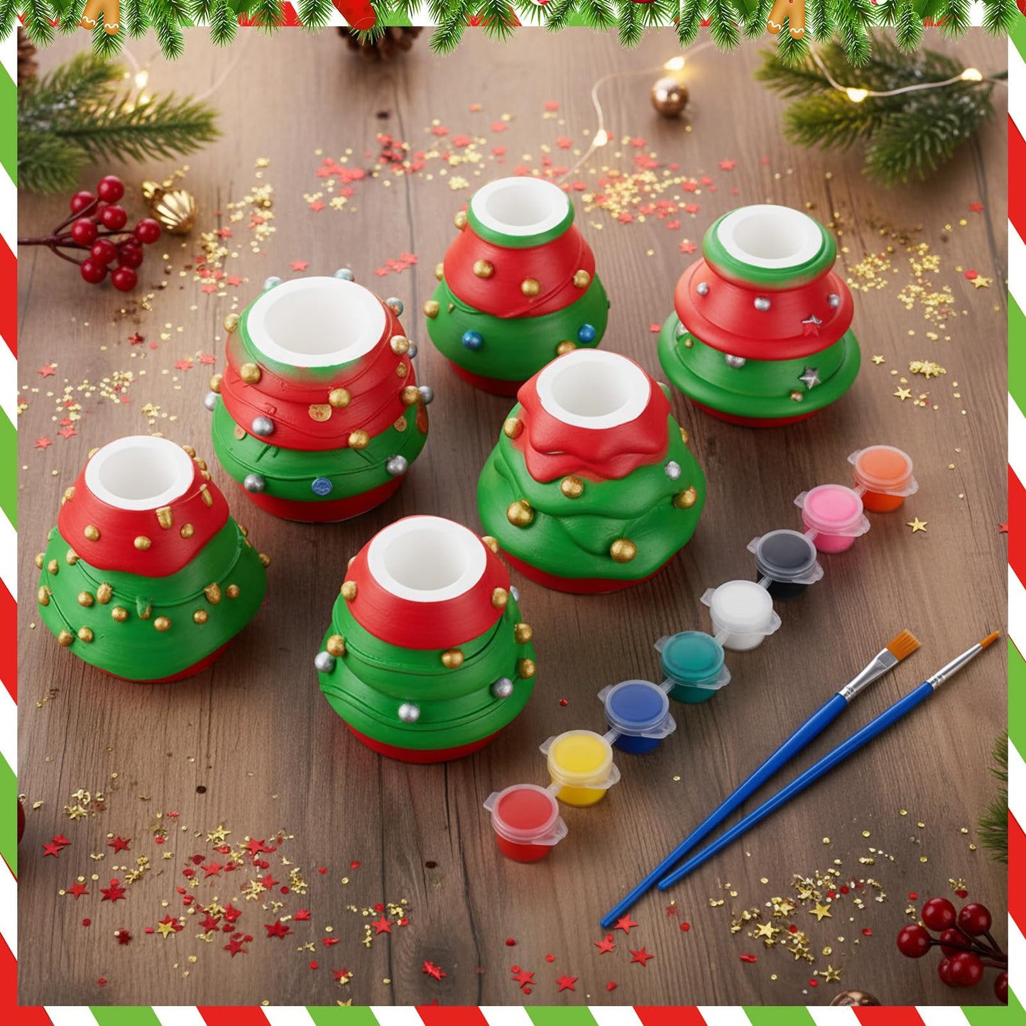 Vesici 6 Sets Christmas Paint Your Own Succulent Planter Ceramic Mini Unpainted Flower Pots Xmas Trees DIY Paintable Bisque Gift for Winter Holiday Craft Project Activity Party Favor