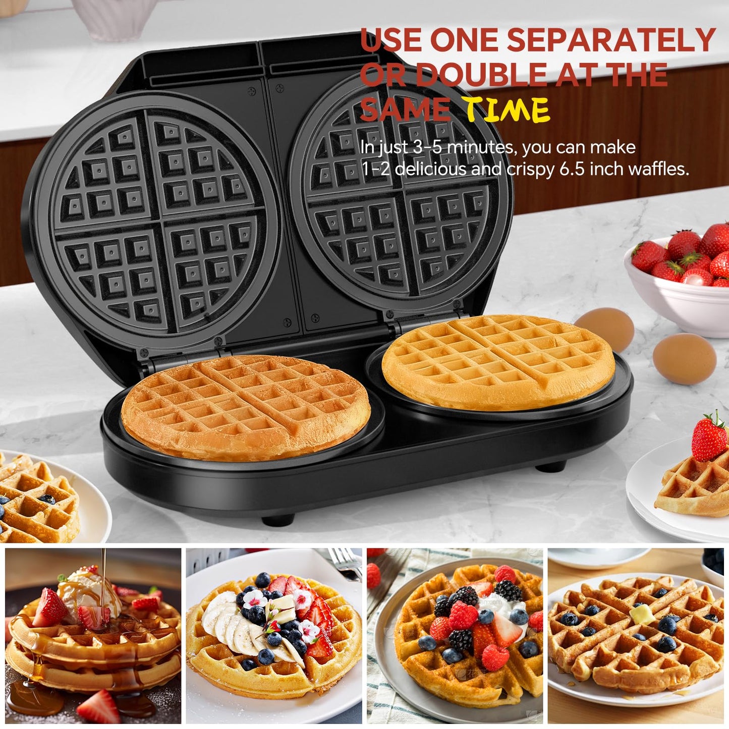 Double Waffle Maker, Belgian Waffle Maker, 6.5 Inch Waffle Iron with 2 Independent Adjustable Temp Knobs & Indicator Lights, Easy-Clean Nonstick Plates, Stainless Steel, Black