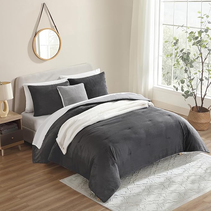 UGG Remina Comforter Set 5 Piece Bed in a Bag with Throw Blanket, Decorative Pillow, Shams, and Reversible Comforter Hypoallergenic Washable Luxury Plush Warm Fluffy Bedding Set, King, Charcoal Grey