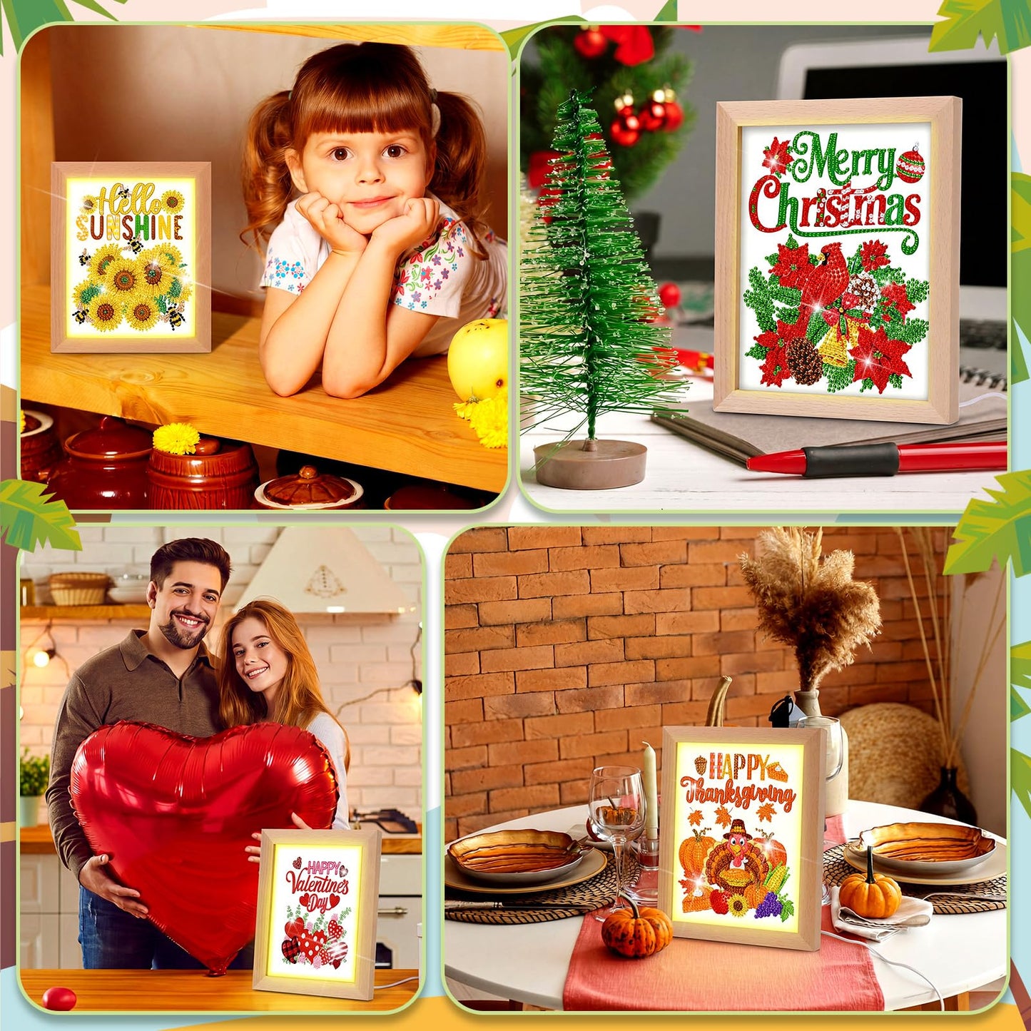 Chunful 13 Pcs Interchangeable Diamond Art Kits for Adult Seasonal Summer Diamond Painting with Wooden Light Frame Holiday Patriotic 5d Rhinestones Tabletop Decor for DIY Craft Gift, Table Tiered Tray