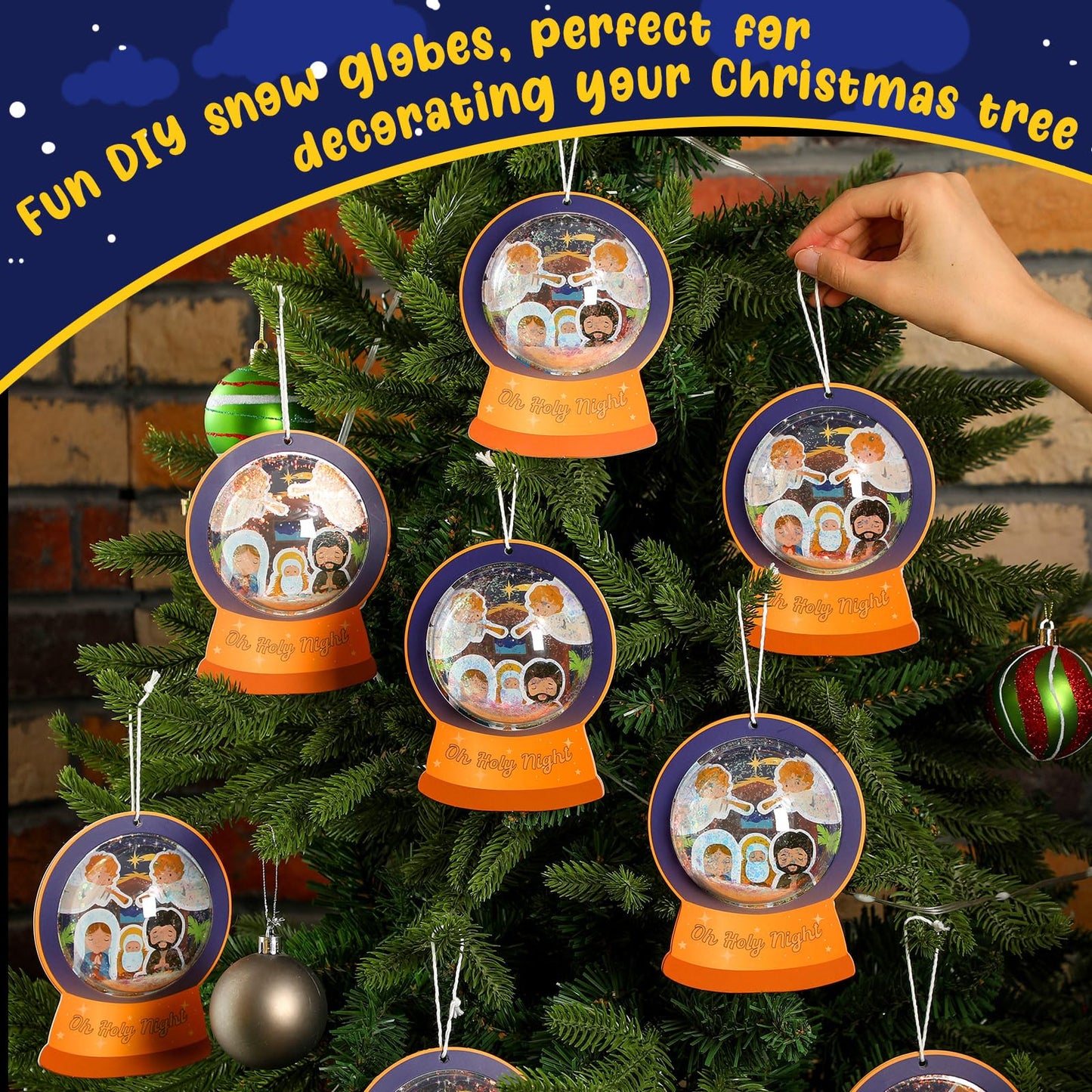 Threehoney 24 Pack Easter Nativity Craft Kit for Kids Toddler Jesus Birth Advent DIY Snow Globe Hanging Ornament with Glitter Sequin Paper Religious Holiday Classroom Decor(Holy Night,Gold)