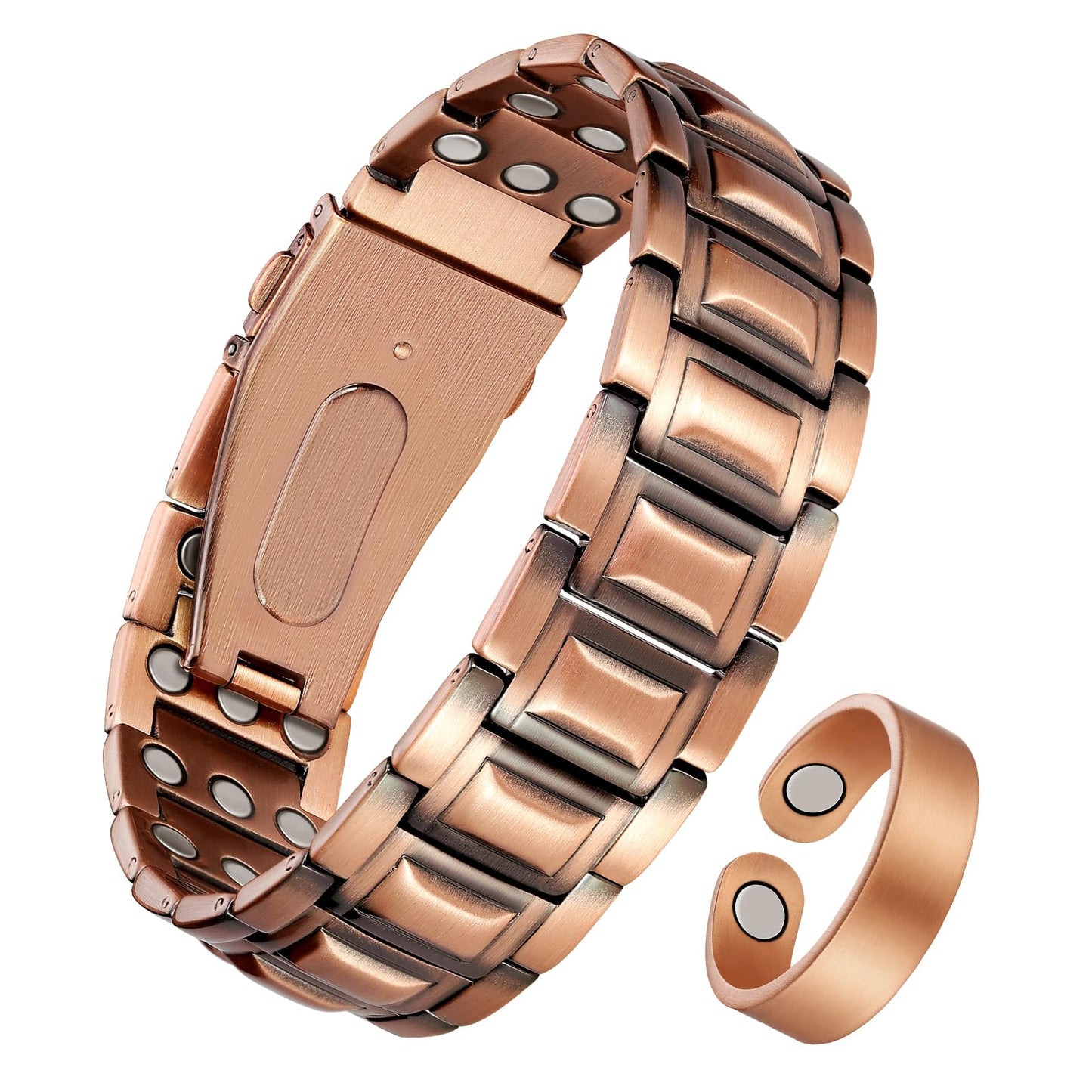 Jeracol 3X Strength Magnetic Copper Bracelet for Men - 99.9% Pure Copper Bracelet & Ring Set - Premium Fold-Over Clasp and Adjustable Length Sizing Tool & Jewelry Box