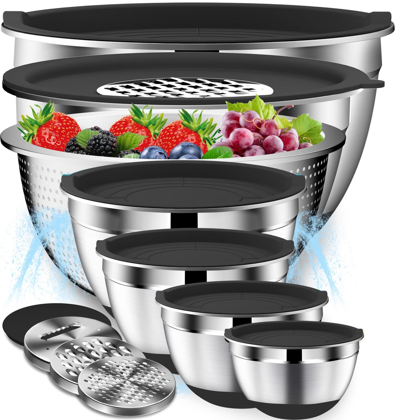 DUTZUN Mixing Bowls with Lids Set - 16pcs Stainless Steel Mixing Bowl Set with Colander, 3 Grater Attachments, Non-Slip Bottom, Metal Nesting Bowls with Strainer for Mixing & Serving - Black