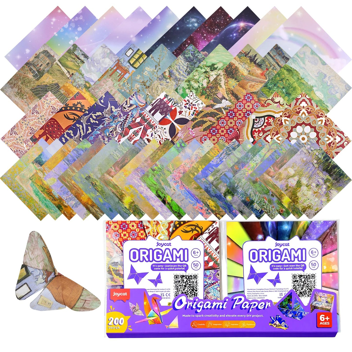 JoyCat Origami Papers, 6x6 Inches - 200 Sheets Premium Origami Paper Kit – Double Sided Patterned Paper (4-Theme Mega Pack) – Van Gogh & Monet Art, Ethnic Designs