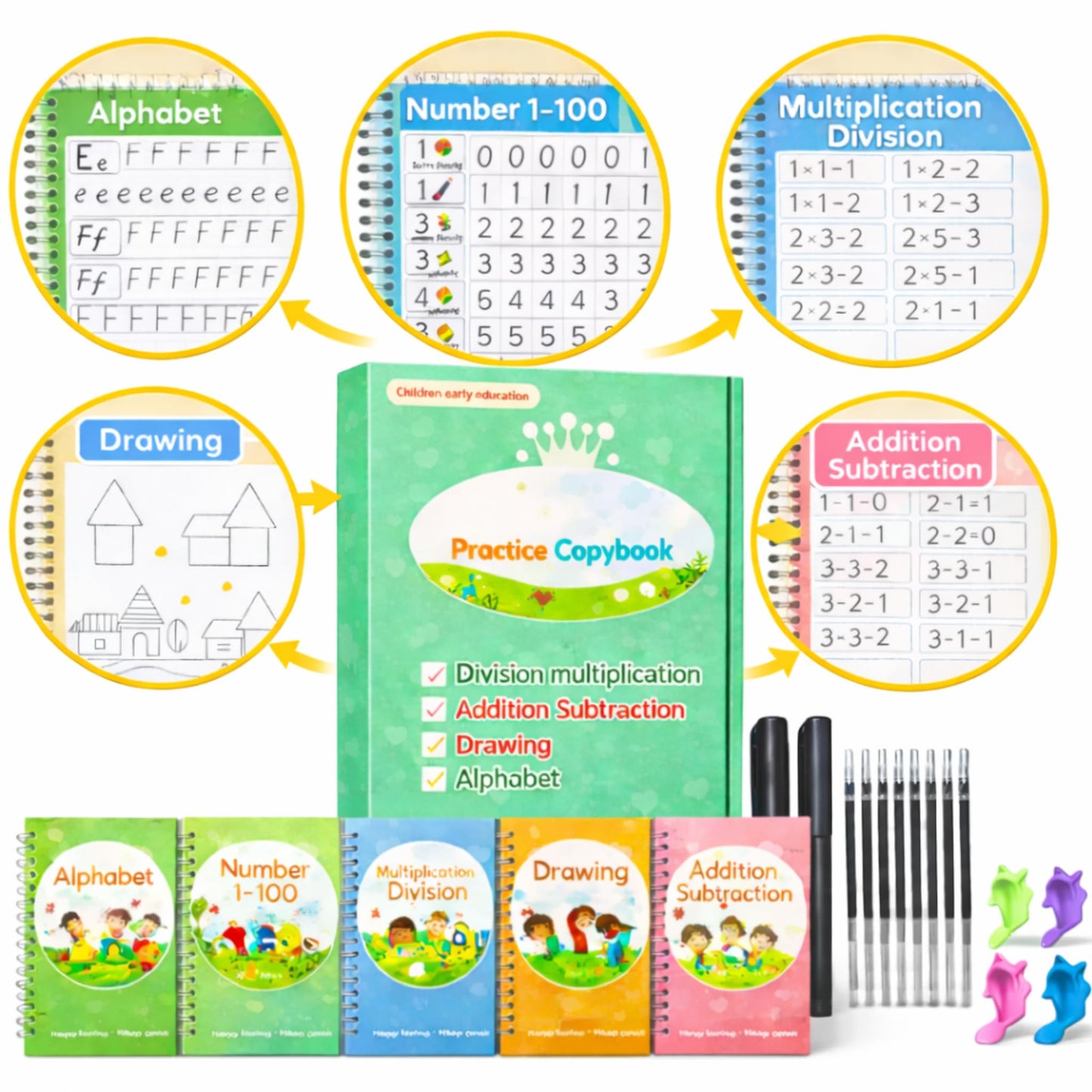 Creative Steps Magic Grooved Writing Practice Books for Kids Ages 3-5 - Reusable Handwriting Workbook Set with 5 Tracing Books, 2 Pens & 10 Refills - Alphabet Numbers Math Drawing Learning Toys for Preschool Toddlers