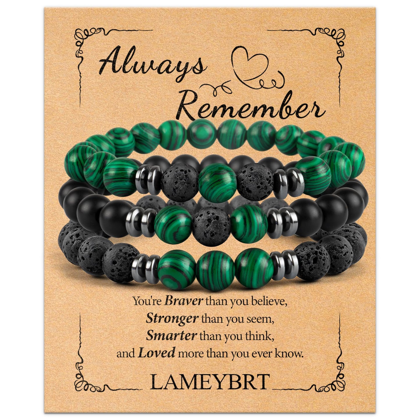 Lameybrt 8mm Men’s Bracelet Set Multi - Tiger Eye/Matte Agate/Lava Rock Gifts for Birthday/Anniversary/Christmas (G08 Malachite, One Size)