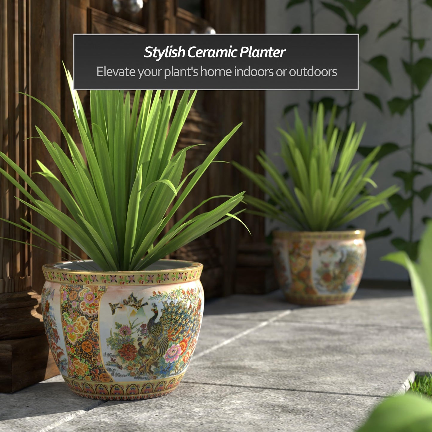 Red Lantern 14" Satsuma Garden & Peacock Porcelain Fishbowl Planter