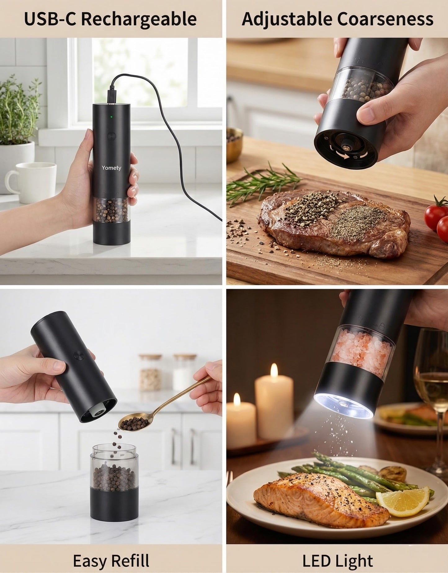 Electric Salt and Pepper Grinder Set-Rechargeable Salt and Pepper Mill Set All in One, Automatic Refillable Adjustable Coarseness Ceramic Grinder, Salt and Pepper Shakers for Kitchen Appliances