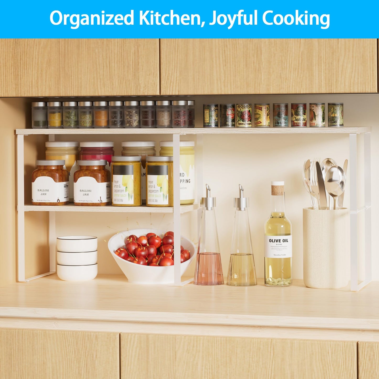 Golener Countertop Organizer Corner Shelf, 2 Tier Adjustable Stackable Corner Shelves for Kitchen, Bathroom, Spice Rack, Coffee Bar, Over Sink, Dresser Table, Corner Counter Shelf Stand, Natural Beige
