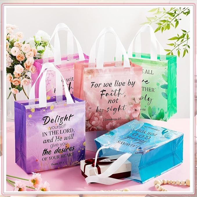 HunnmingRe 64 Pcs Christian Gift Bags Bulk, Easter Reusable Flower Religious Bible Verse Tote with Handles Non Woven Scripture Pastor Blessing Gift for Baptism Church Wedding Favors
