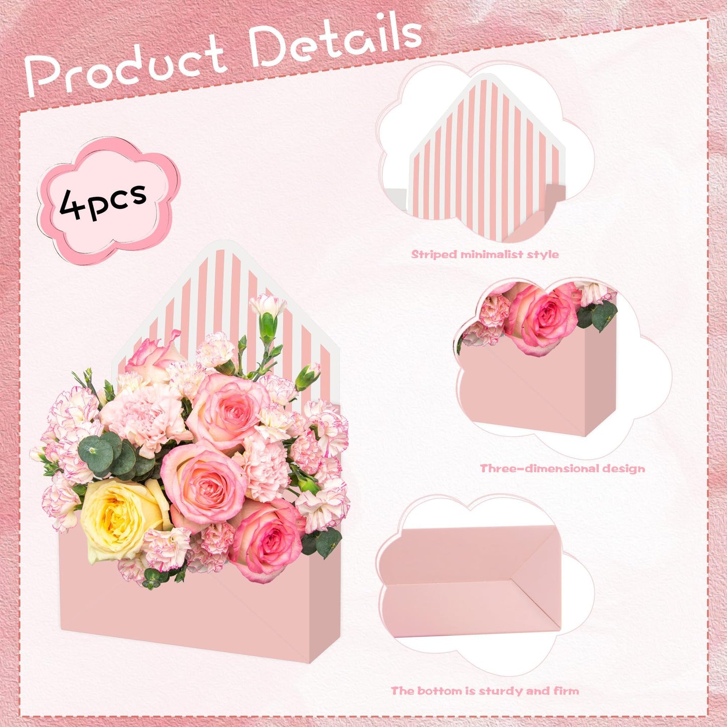 4 Pcs Mother's Day Florist Bouquet Envelope Boxes Mixed Style Flower Bouquet Packaging Gift Paper Boxes Gift Wrapping Envelope Box Flower Bags for Valentines Wedding Birthday Party Supplies(Striped)