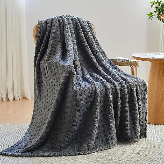 NEWCOSPLAY Super Soft Throw Blanket Grey Premium Silky Flannel Fleece 3D Waffle Checkered Lightweight Bed Blanket All Season Use (Dark Grey, Throw(50"x70"))