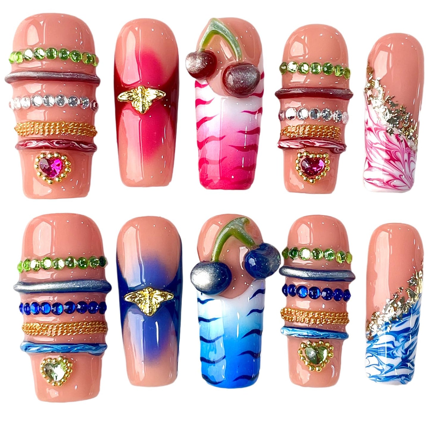 3D Cherry Handcrafted Press On Nails, Long/Medium Square, Gradient & Marble Accents, Reusable Acrylic False Nails, Duo-Tone (L)