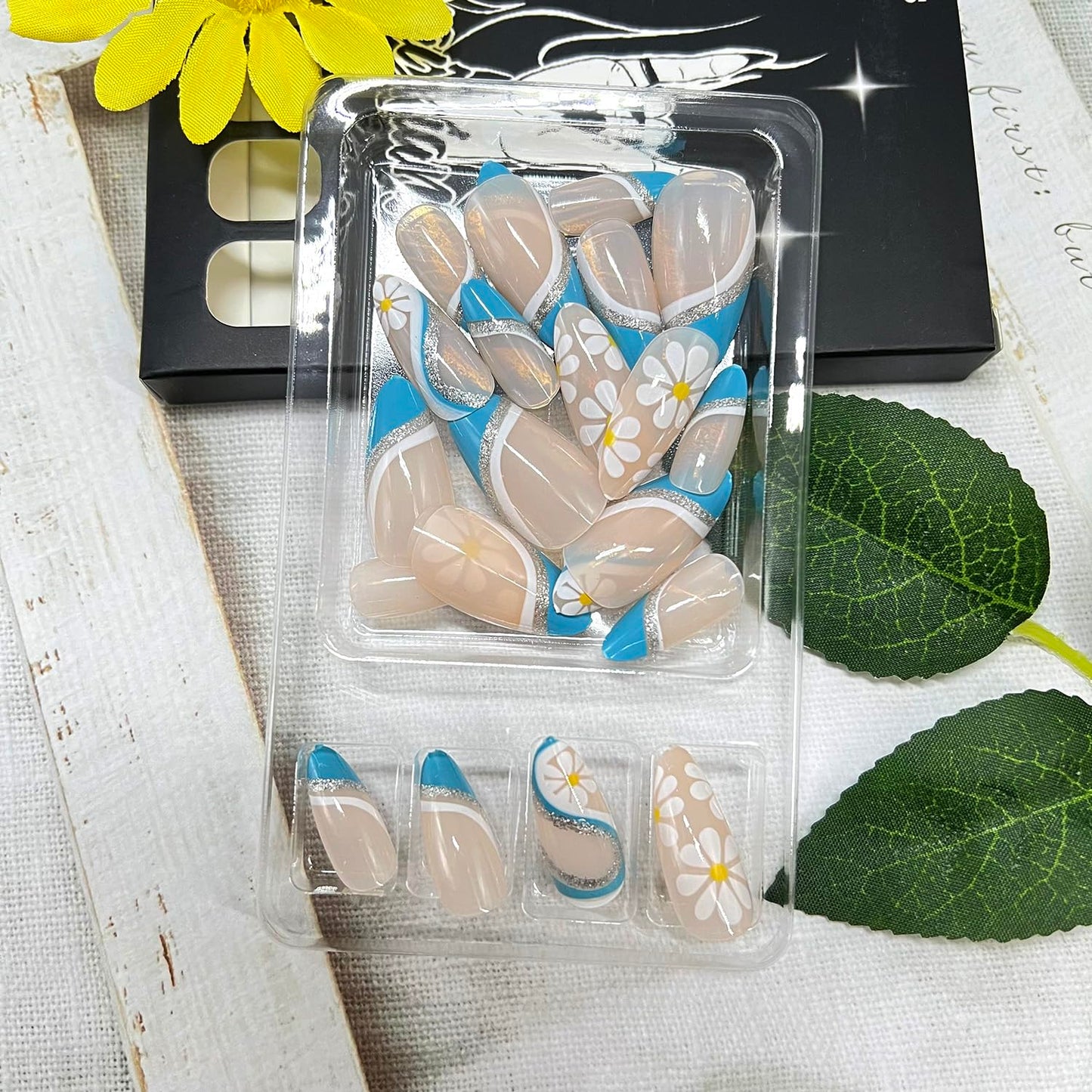 White Daisy Press on Nails Medium Almond Fake Nails with Glitter Blue Stripe Designs Blue French Tip False Nail Spring Summer Flowers Stick on Nail for Women 24Pcs