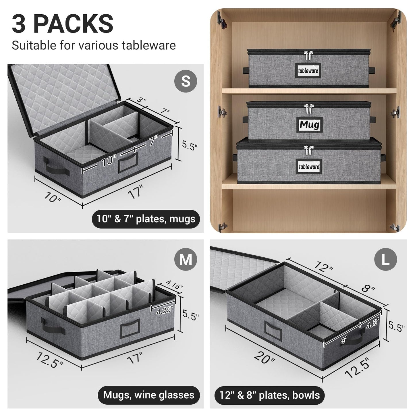 MISSLO Large Capacity China Storage Containers Hard Shell Plate Storage Containers, Kitchen Packing Moving Boxes for Dishes, Dinnerwares, Mugs Protectors, Grey, 3 Piece Set